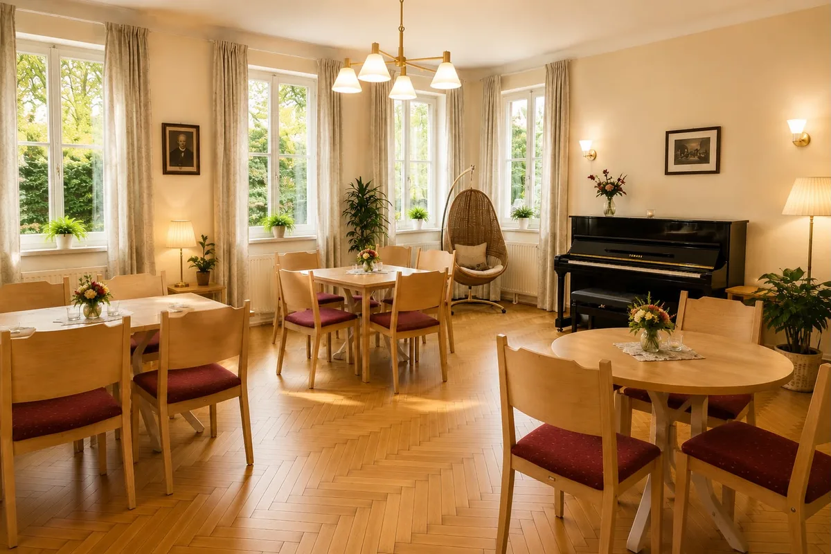 Heller Salon im Carl-Michael-Ziehrer-Haus mit Tischen, Pflanzen und Klavier